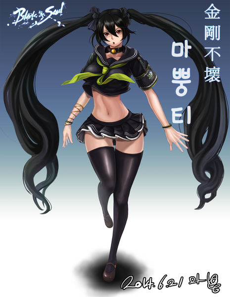 Anime picture 2038x2628 with blade & soul mappung-gun (mhg0106) single tall image highres light erotic black hair red eyes twintails very long hair midriff girl thighhighs skirt navel underwear panties bow black thighhighs hair bow