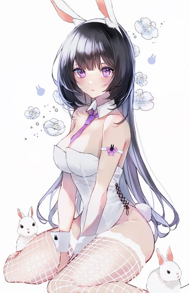 Anime picture 2255x3508 with original nagi (pickles pipipi) single long hair tall image highres breasts light erotic black hair large breasts white background sitting purple eyes animal ears tail animal tail bunny ears wariza fake animal ears bunny tail