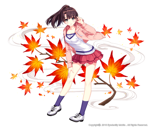 Anime picture 1200x1029 with saenai heroine no sodatekata a-1 pictures katou megumi liluo (jinha) single long hair looking at viewer blush black hair white background brown eyes ponytail girl skirt miniskirt socks leaf (leaves)