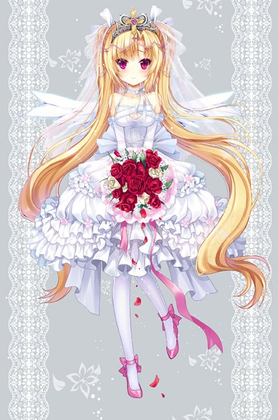 Anime picture 700x1058 with original ratise single long hair tall image looking at viewer blonde hair red eyes twintails girl dress flower (flowers) petals rose (roses) tiara bouquet