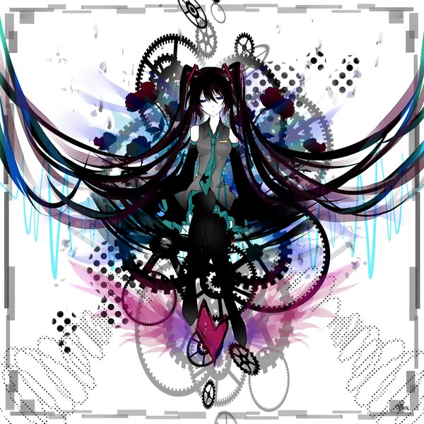 Anime picture 1500x1500 with vocaloid hatsune miku tyouya single long hair blue eyes black hair sitting twintails bare shoulders girl thighhighs skirt black thighhighs detached sleeves miniskirt necktie