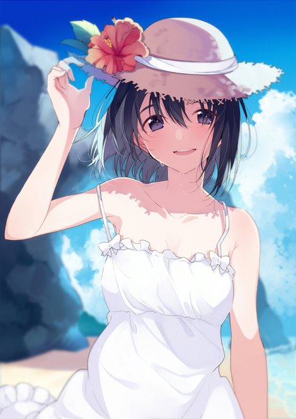 Anime picture 693x981 with original umiko (munemiu) single tall image looking at viewer blush fringe short hair open mouth black hair smile hair between eyes standing purple eyes bare shoulders sky cloud (clouds) upper body outdoors arm up