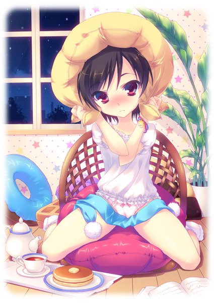 Anime picture 1254x1771 with original aoi sora-maru single tall image blush short hair light erotic black hair red eyes girl plant (plants) window sweets pillow cup cake tea