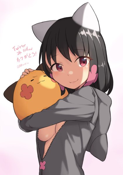 Anime picture 1688x2406 with original player 2 (cloba) cloba single tall image looking at viewer short hair breasts light erotic black hair simple background smile large breasts white background signed animal ears long sleeves pink eyes no bra underboob