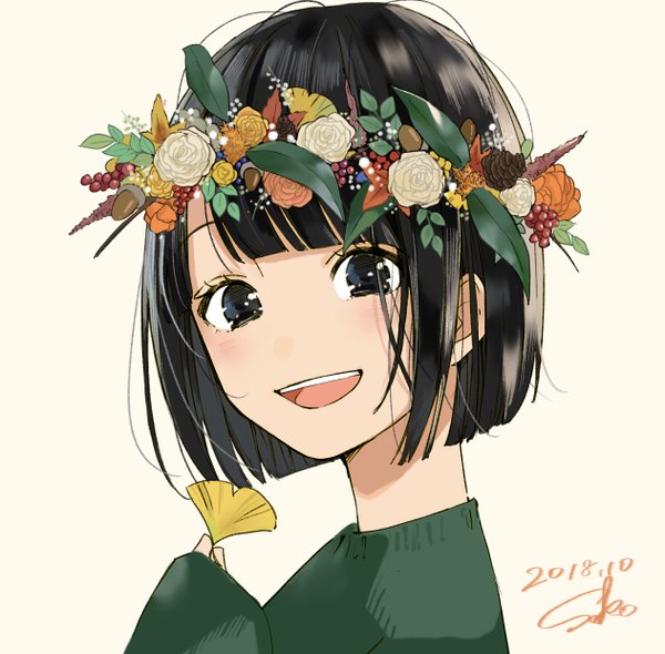 Anime picture 2521x2480 with original sako (user ndpz5754) single looking at viewer blush fringe highres short hair open mouth black hair simple background smile holding signed blunt bangs :d black eyes dated sleeves past wrists portrait