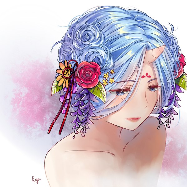 Anime picture 1000x1000 with original eins single long hair blue eyes signed blue hair head tilt horn (horns) from above nude lipstick portrait oni horns forehead mark girl hair ornament kanzashi