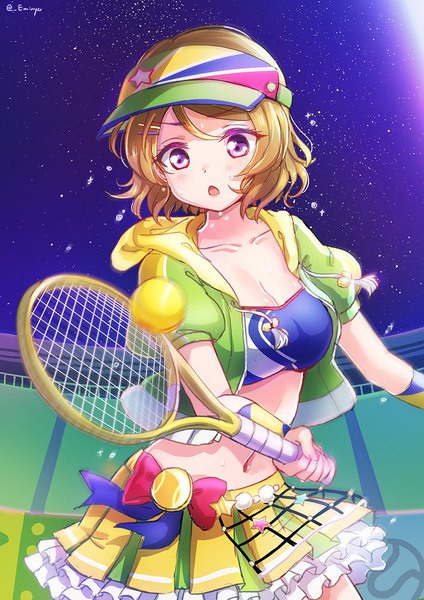 Anime picture 800x1132 with love live! school idol project love live! school idol festival sunrise (studio) love live! koizumi hanayo emia wang single tall image short hair open mouth brown hair purple eyes signed cleavage night midriff sweat puffy sleeves twitter username looking down