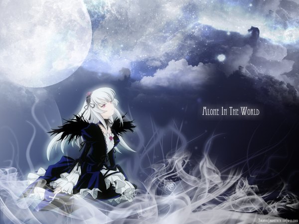 Anime picture 1600x1200 with rozen maiden suigintou ishii kumi single signed sky white hair pink eyes night wallpaper third-party edit gothic girl dress wings black dress moon