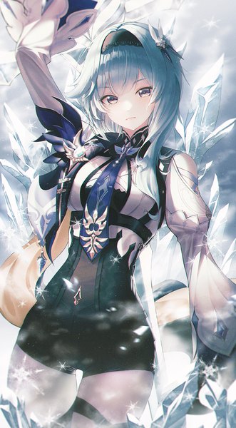 Anime picture 1000x1813 with genshin impact eula lawrence hhl (ggul80hg58) single long hair tall image looking at viewer fringe yellow eyes blue hair arm up expressionless girl necktie hairband snowflake (snowflakes) vision (genshin impact) ice