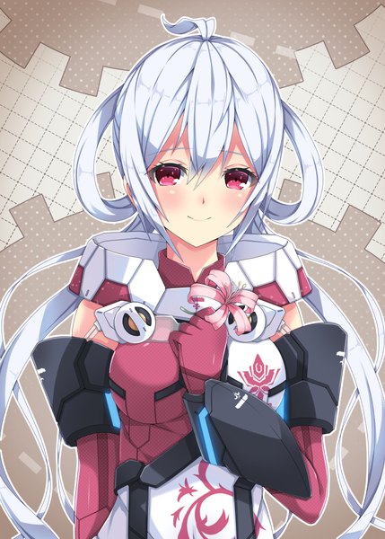 Anime-Bild 786x1100 mit phantasy star phantasy star online 2 sega matoi (pso2) milkpanda single long hair tall image looking at viewer blush smile red eyes silver hair ahoge girl gloves flower (flowers) suit