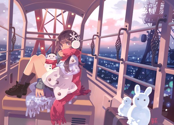 Anime picture 1264x911 with original bf. (sogogiching) single long hair looking at viewer fringe sitting brown eyes sky purple hair cloud (clouds) snowing winter girl hair ornament socks boots scarf bunny snowman