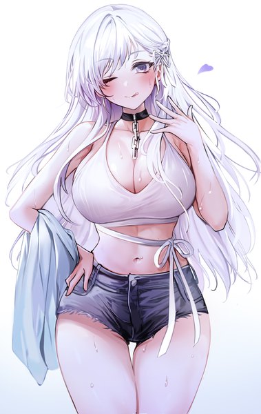 Anime picture 1600x2533 with azur lane belfast (azur lane) yuki (asayuki101) single long hair tall image looking at viewer blush fringe breasts blue eyes light erotic simple background smile large breasts standing white background holding cleavage silver hair
