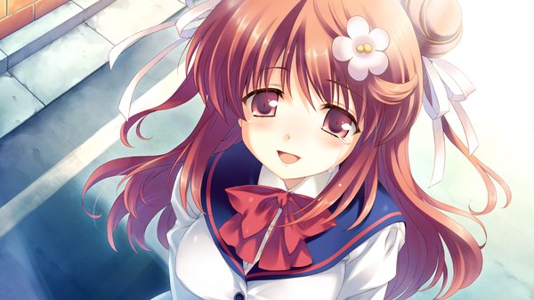 Anime picture 1280x720 with hoshi no ouji-kun amanatsu purin qp:flapper long hair brown hair wide image brown eyes game cg hair flower tears girl hair ornament serafuku