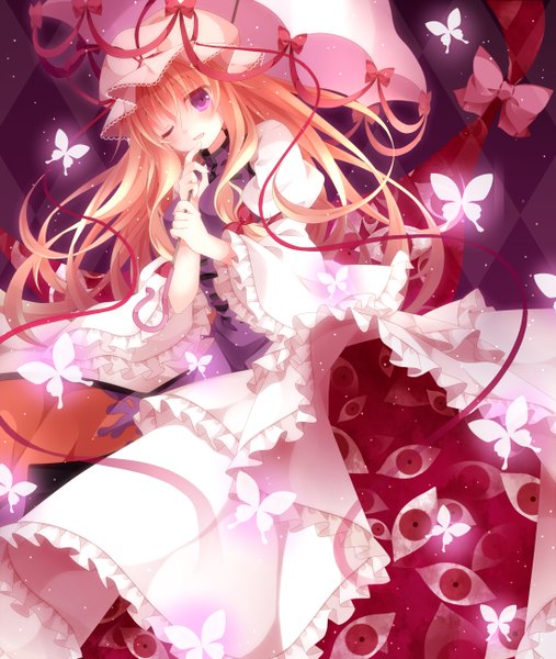 Anime picture 1100x1300 with touhou yakumo yukari mog (artist) single long hair tall image blush blonde hair one eye closed pink eyes wink eyes girl dress bow insect butterfly umbrella bonnet
