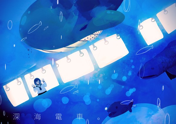 Anime picture 2000x1414 with kasa ko (artist) highres blue hair underwater girl uniform school uniform bubble (bubbles) fish (fishes) train whale