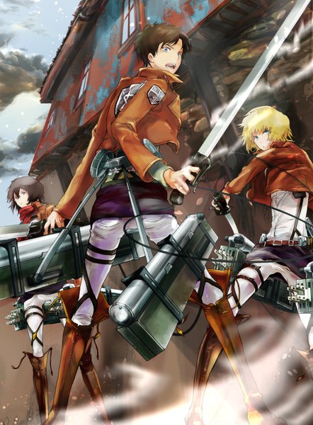 Anime picture 1154x1565 with shingeki no kyojin production i.g mikasa ackerman eren yaeger armin arlert renon (tenle) tall image short hair open mouth blue eyes black hair blonde hair holding sky cloud (clouds) looking back multiple boys grey eyes smoke dual wielding