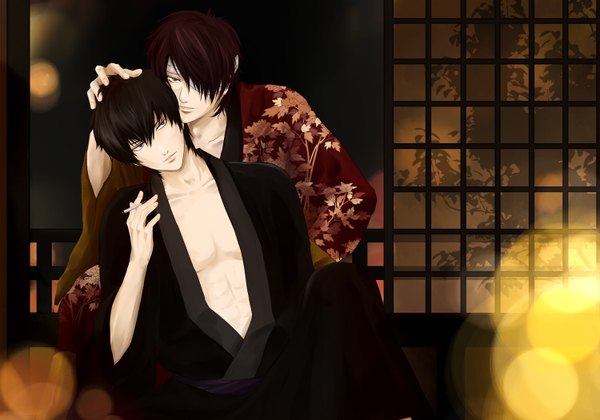 Anime picture 1500x1050 with gintama sunrise (studio) hijikata toshiro takasugi shinsuke looking at viewer short hair blue eyes black hair purple hair traditional clothes japanese clothes black eyes multiple boys smoke smoking shounen ai bandage over one eye boy kimono 2 boys