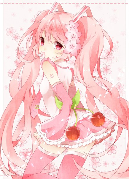 Anime picture 700x966 with vocaloid hatsune miku sakura miku yuni (irohasuiroiro) single tall image looking at viewer twintails pink hair very long hair pleated skirt pink eyes looking back hair flower cherry blossoms flower in mouth girl thighhighs skirt flower (flowers)