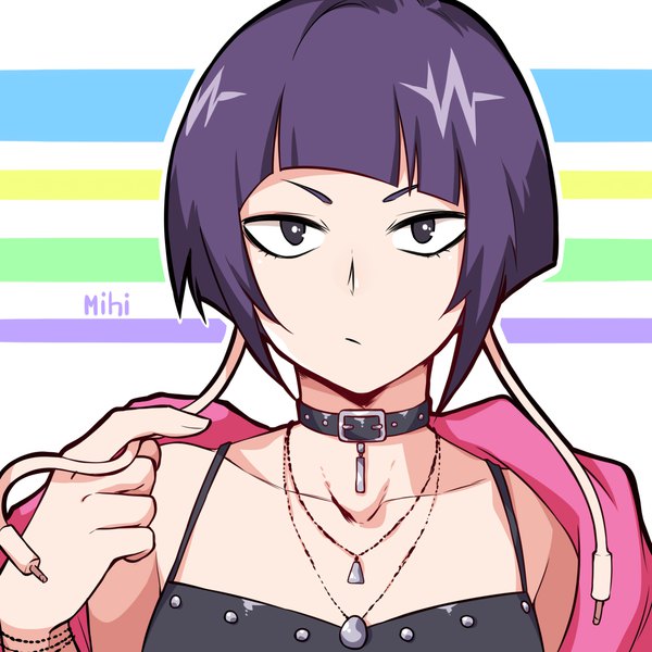 Anime picture 1536x1536 with boku no hero academia studio bones jirou kyouka mihitsu single looking at viewer fringe short hair simple background signed purple hair upper body blunt bangs black eyes portrait expressionless striped background outline girl choker