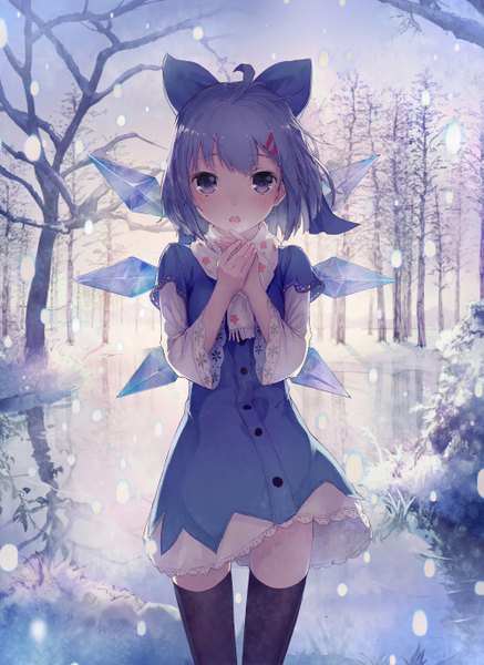 Anime picture 1999x2744 with touhou cirno shouin single tall image looking at viewer highres short hair open mouth blue eyes blue hair ahoge winter steam bare tree girl thighhighs dress hair ornament bow
