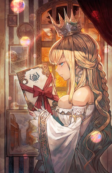 Anime picture 587x900 with original lack single long hair tall image fringe breasts blue eyes light erotic blonde hair large breasts holding looking away cleavage upper body braid (braids) profile girl detached sleeves window