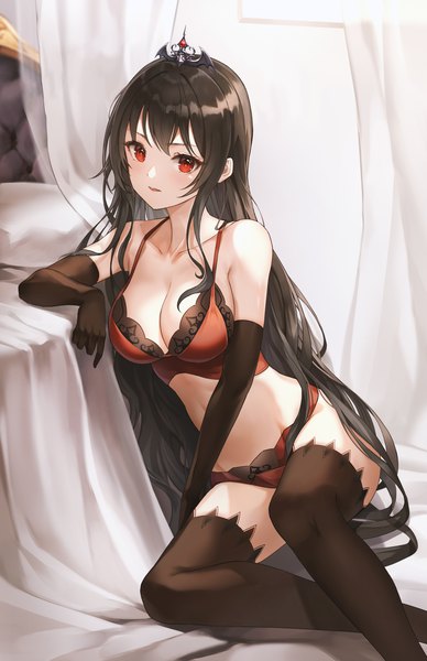 Anime picture 1100x1700 with original lunacle single long hair tall image looking at viewer blush fringe breasts open mouth light erotic black hair hair between eyes red eyes large breasts sitting payot bent knee (knees) indoors head tilt