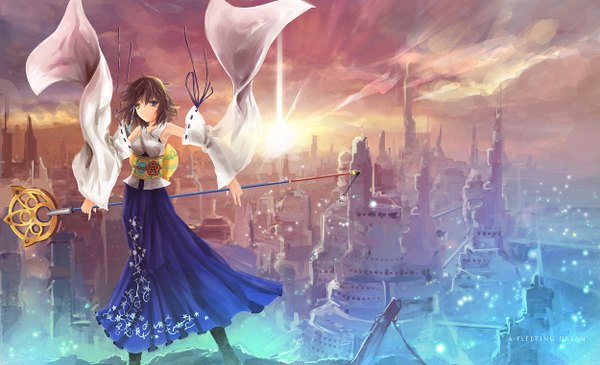 Anime picture 1250x762 with final fantasy square enix yuna (ff10) arufa (hourai-sugar) single short hair brown hair wide image sky cloud (clouds) sunlight heterochromia city evening sunset girl detached sleeves belt staff