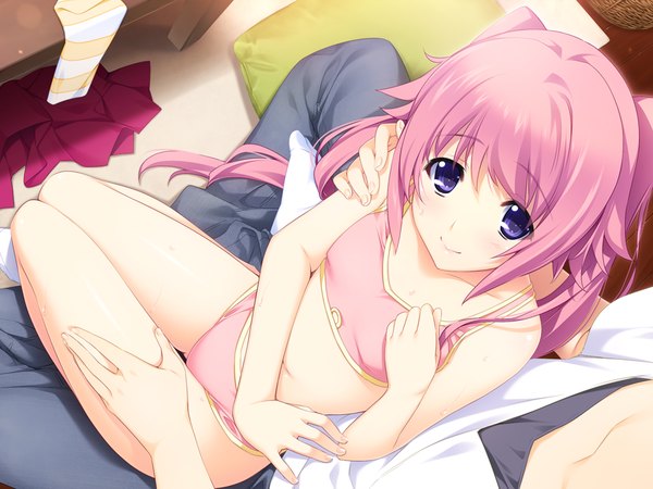 Anime picture 1024x768 with lovely x cation 2 hibiki works nirasaki hinata iizuki tasuku long hair blush light erotic smile purple eyes pink hair game cg underwear only girl on top girl underwear panties