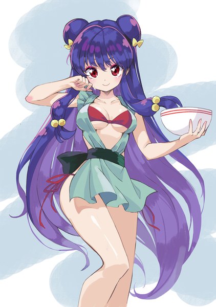 Anime picture 582x826 with ranma 1/2 shampoo (ranma 1/2) m2 (guvn5745) single long hair tall image looking at viewer blush fringe breasts light erotic simple background hair between eyes red eyes standing holding purple hair multicolored hair two-tone hair hair bun (hair buns)