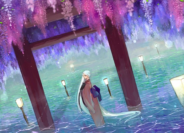 Anime picture 1100x800 with original hebi (yurari) looking at viewer silver hair very long hair traditional clothes japanese clothes cherry blossoms silver eyes girl flower (flowers) water kimono cat torii wisteria
