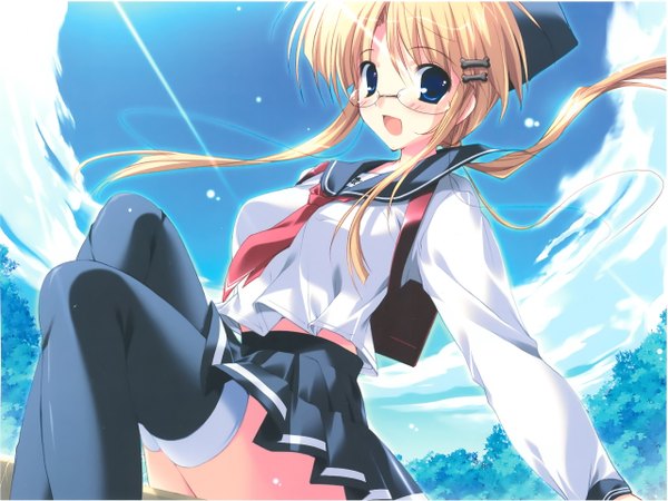 Anime picture 2558x1919 with original mikeou single long hair looking at viewer blush highres open mouth blue eyes blonde hair sitting sky cloud (clouds) pleated skirt scan girl thighhighs skirt uniform black thighhighs