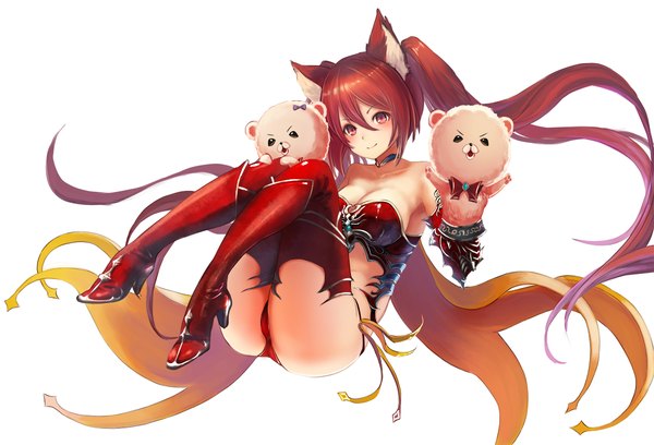 Anime picture 1200x816 with shingeki no bahamut cerberus (shingeki no bahamut) uro (uro zi) single long hair looking at viewer blush light erotic red eyes twintails animal ears red hair girl thighhighs underwear panties boots red panties