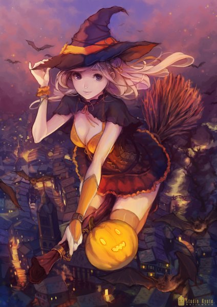 Anime picture 1240x1754 with original chaang single long hair tall image looking at viewer blue eyes blonde hair smile signed bent knee (knees) night zettai ryouiki night sky city adjusting hair cityscape halloween cleavage cutout flying