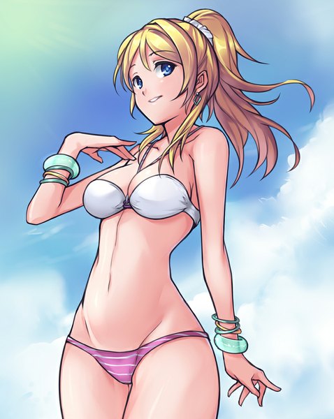 Anime picture 797x1000 with love live! school idol project sunrise (studio) love live! ayase eli saiste single long hair tall image breasts blue eyes light erotic blonde hair smile standing looking away sky cleavage cloud (clouds) ponytail from below