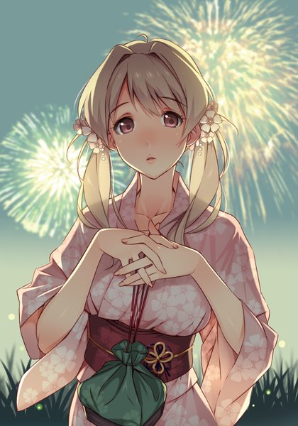 Anime picture 1344x1920 with rail wars! koumi haruka vania600 single long hair tall image looking at viewer blush blonde hair traditional clothes japanese clothes pink eyes hair flower scan fireworks girl flower (flowers) kimono