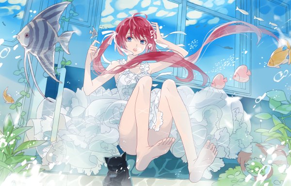 Anime picture 1200x771 with original michi (iawei) long hair open mouth blue eyes sitting twintails red hair barefoot from below underwater girl plant (plants) animal water cat sundress bubble (bubbles) fish (fishes)