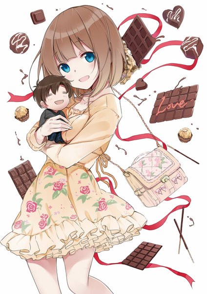 Anime picture 700x990 with original maigoyaki single tall image looking at viewer blush short hair open mouth smile brown hair white background eyes closed aqua eyes inscription hug floral print chibi girl dress boy