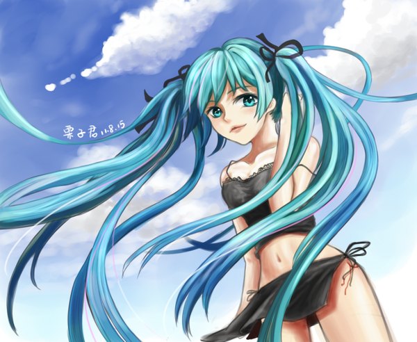 Anime picture 1424x1168 with vocaloid hatsune miku single long hair standing twintails sky cloud (clouds) aqua eyes aqua hair hieroglyph girl swimsuit