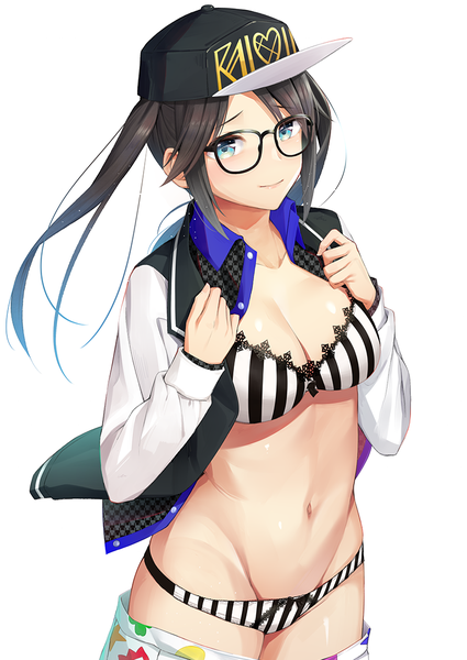 Anime picture 800x1130 with idolmaster idolmaster shiny colors mitsumine yuika umihotaru harumare single long hair tall image looking at viewer blush fringe breasts blue eyes light erotic black hair simple background large breasts standing white background twintails payot