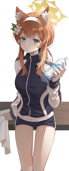 Anime picture 2459x6076 with blue archive mari (blue archive) mari (gym uniform) (blue archive) riyonn single long hair tall image looking at viewer fringe highres blue eyes simple background smile standing white background holding animal ears blunt bangs long sleeves hair flower