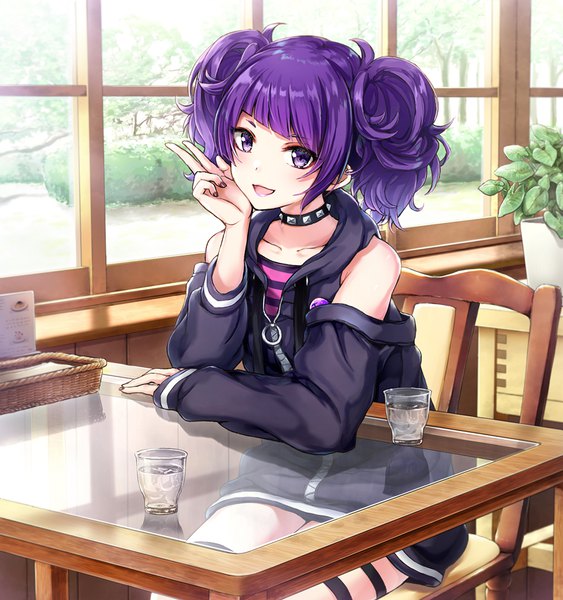 Anime picture 1000x1065 with idolmaster idolmaster shiny colors tanaka mamimi tokeshi single tall image looking at viewer blush fringe short hair open mouth smile sitting purple eyes twintails purple hair indoors blunt bangs nail polish :d