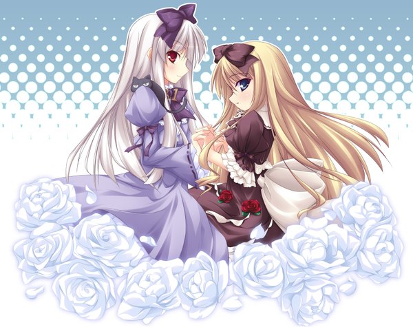 Anime picture 1722x1366 with angel wish os-tan windows (operating system) 3.1-tan suzune merveillex dos cat shimakaze long hair looking at viewer highres blue eyes blonde hair red eyes multiple girls white hair profile holding hands face to face outline girl