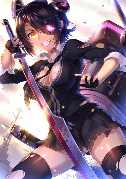 Anime picture 705x1000 with kantai collection tenryuu light cruiser suika01 single tall image looking at viewer short hair breasts light erotic black hair smile yellow eyes girl thighhighs skirt gloves weapon black thighhighs sword necktie