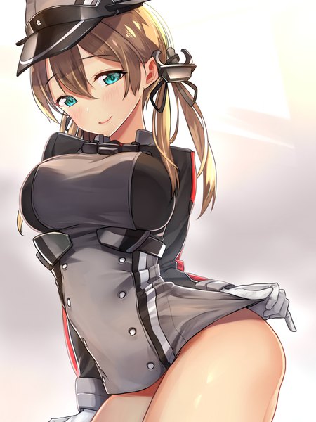 Anime picture 2400x3200 with kantai collection prinz eugen (kantai collection) baffu single long hair tall image looking at viewer blush fringe highres breasts light erotic blonde hair smile hair between eyes large breasts standing twintails head tilt aqua eyes