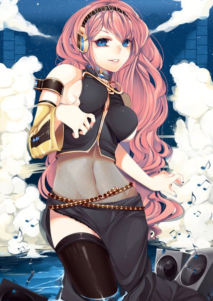 Anime picture 1149x1622 with vocaloid megurine luka loyproject single long hair tall image looking at viewer fringe breasts light erotic smile pink hair nail polish fingernails lips midriff wet girl thighhighs skirt