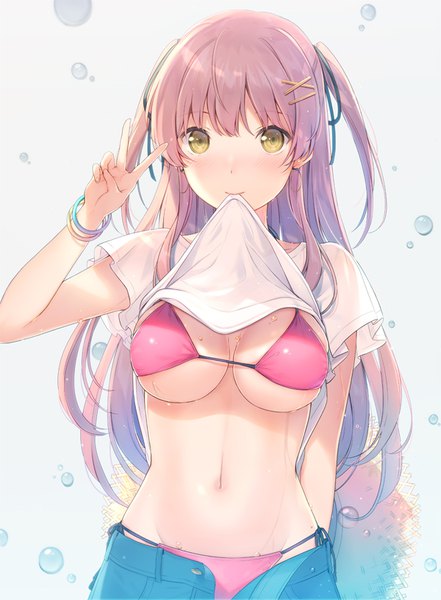 Anime picture 600x815 with original 6u (eternal land) single long hair tall image looking at viewer blush fringe breasts light erotic simple background hair between eyes brown hair large breasts holding yellow eyes cleavage wet two side up gradient background