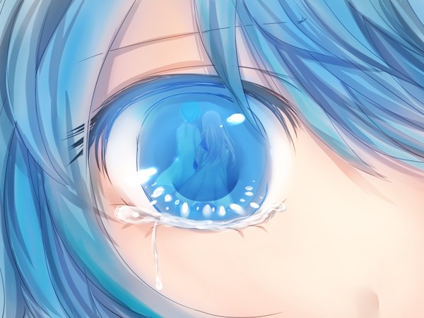 Anime-Bild 1536x1152 mit vocaloid hatsune miku megurine luka kaito (vocaloid) efushi looking at viewer aqua eyes aqua hair reflection face crying sad girl