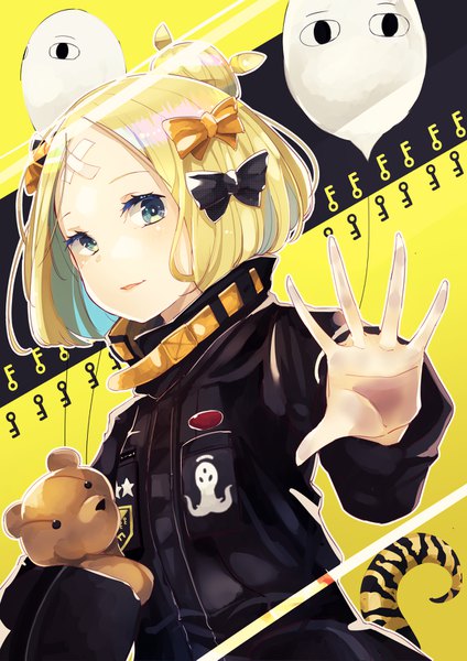 Anime picture 1158x1637 with fate (series) fate/grand order abigail williams (fate) medjed yunekoko single long hair tall image blue eyes blonde hair hair bun (hair buns) outstretched hand heroic spirit traveling outfit girl bow hair bow jacket toy stuffed animal stuffed toy