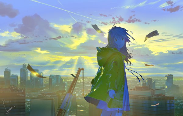Anime picture 1524x974 with original loundraw single long hair looking at viewer signed sky cloud (clouds) wind sunlight open jacket turning head city cityscape sunbeam condensation trail girl jacket paper crane