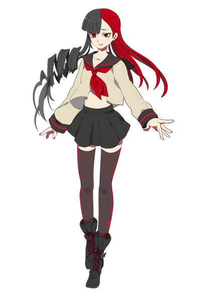Anime picture 676x1000 with original harano single long hair tall image black hair red hair multicolored hair two-tone hair heterochromia drill hair transparent background girl thighhighs skirt black thighhighs serafuku boots